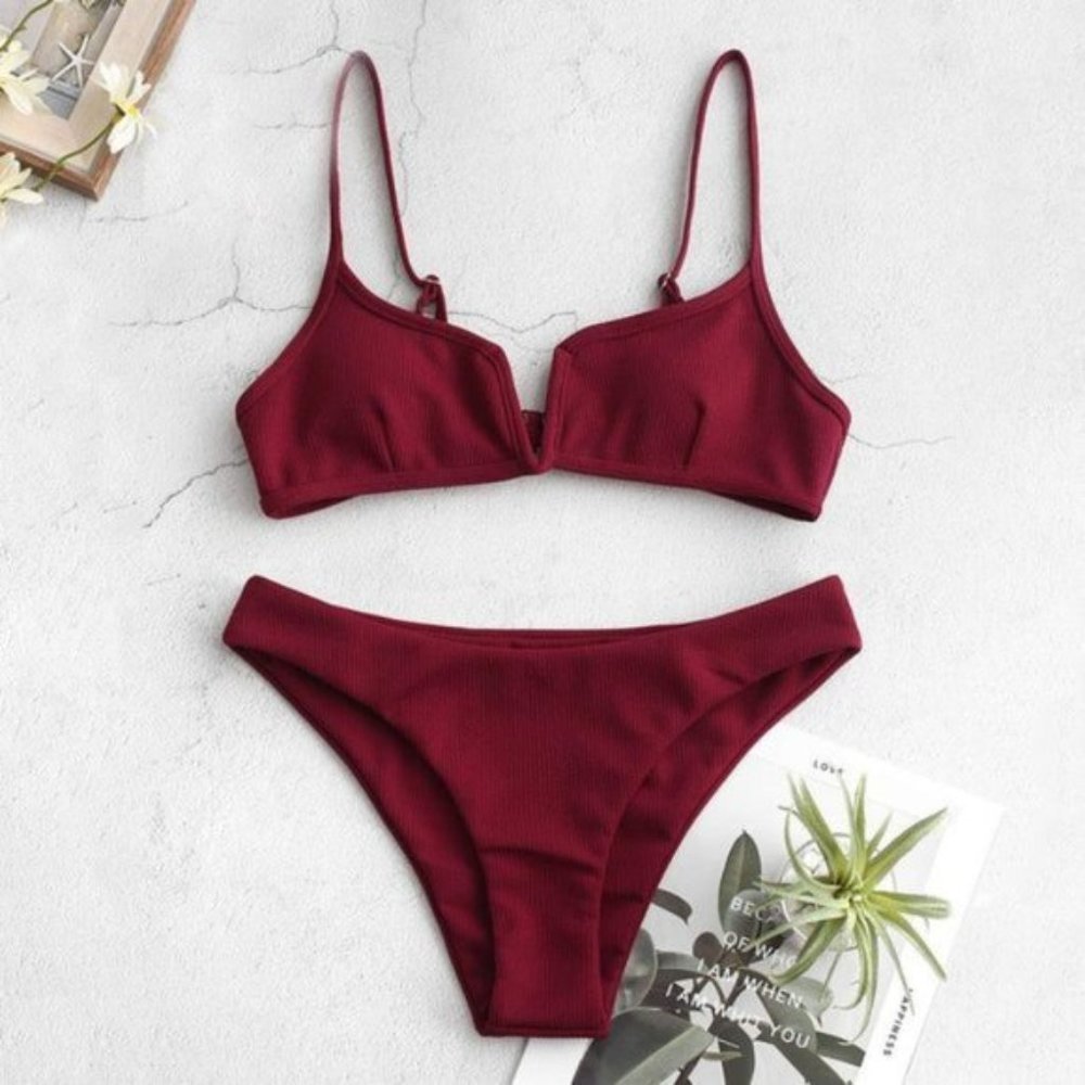 𝅺SWIMSUIT V Wired Bathing Suit Wine Red